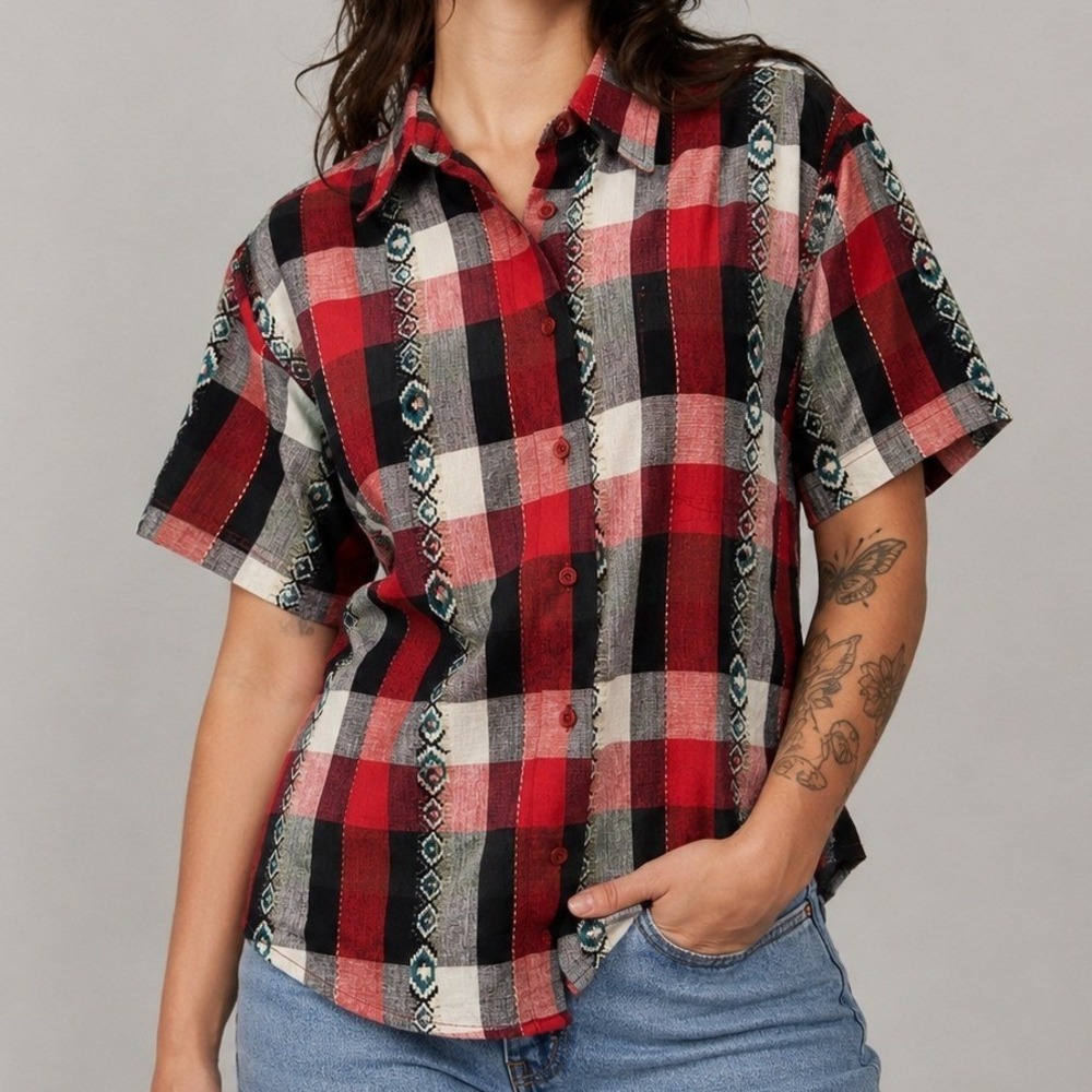 Vintage Womens Southwestern Plaid Button Up Shirt Red Black Aztec Cotton Boho M
